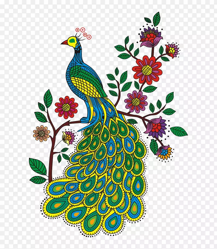 彩色树枝上的孔雀