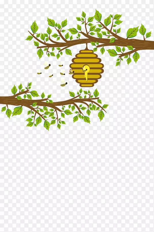 手绘插图树枝叶与蜜蜂和蜂巢