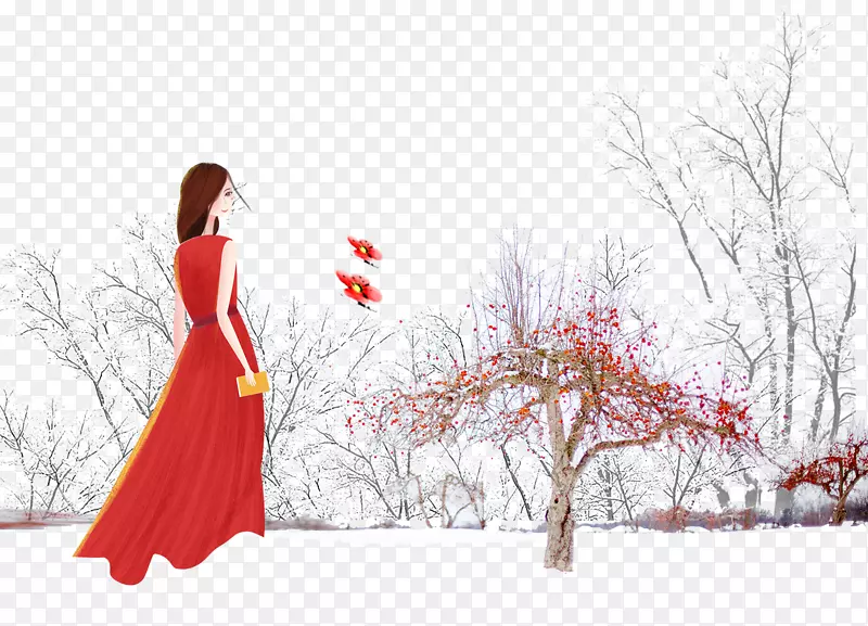 免抠冬季穿红色裙子的女孩