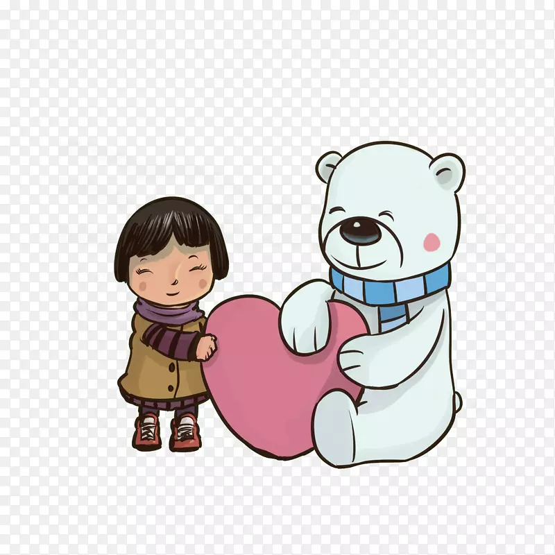 卡通害羞的拿着爱心的小熊和小女