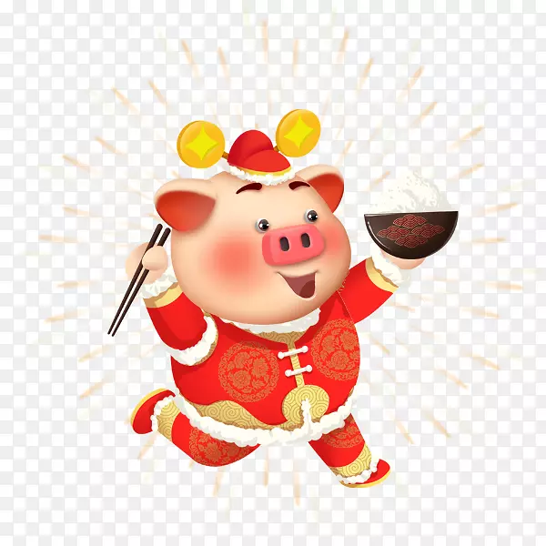 手绘插画端着米饭的小猪