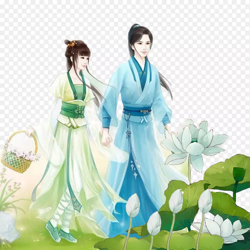 中国风手绘在荷塘采莲藕的古风情