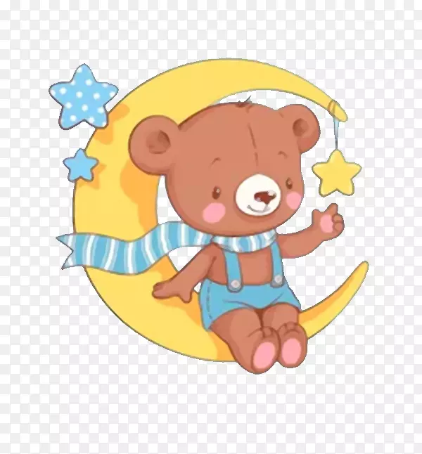 手绘卡通小熊坐在月亮上