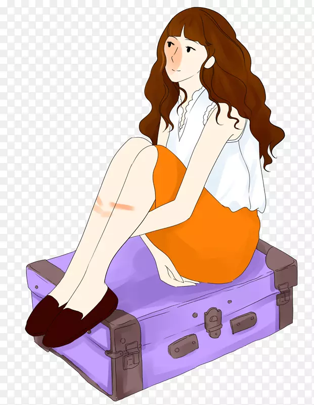 卡通手绘坐在行李箱的女孩