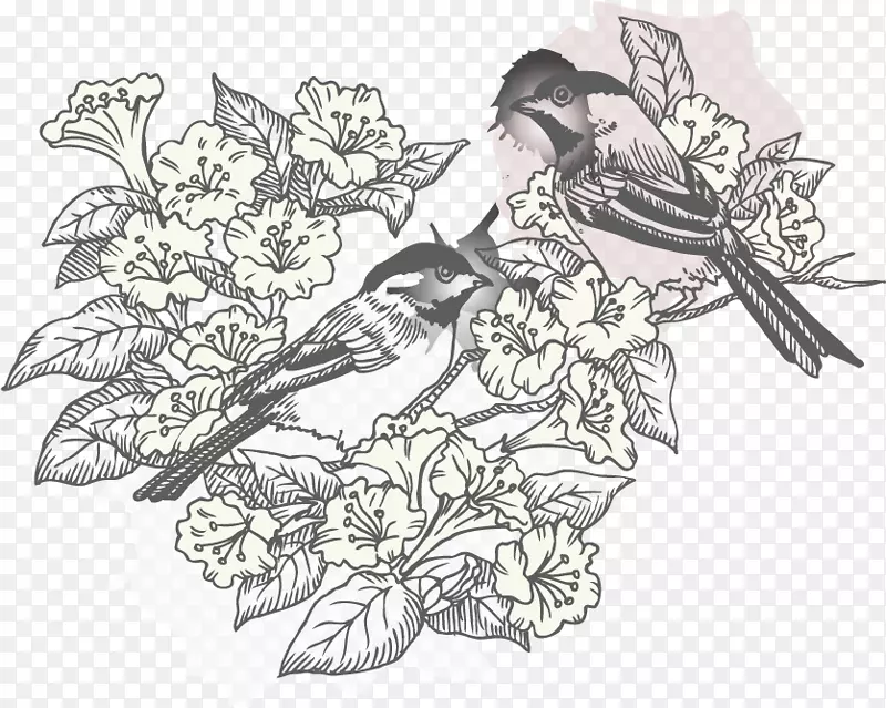 矢量手绘淡雅的花和鸟