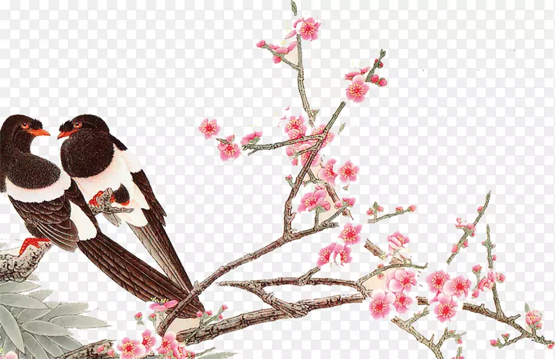 中国风树枝和鸟图画