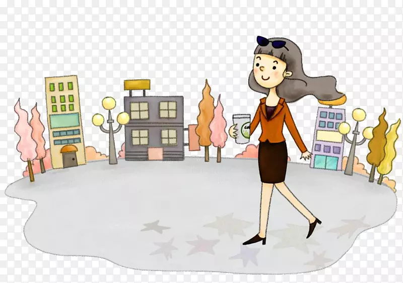 休闲散步的女子手绘装饰PNG