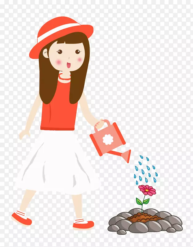 卡通手绘可爱漂亮的小女孩浇花