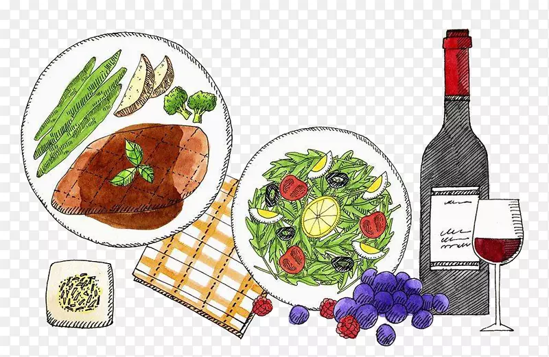 西餐红酒搭配素描图案