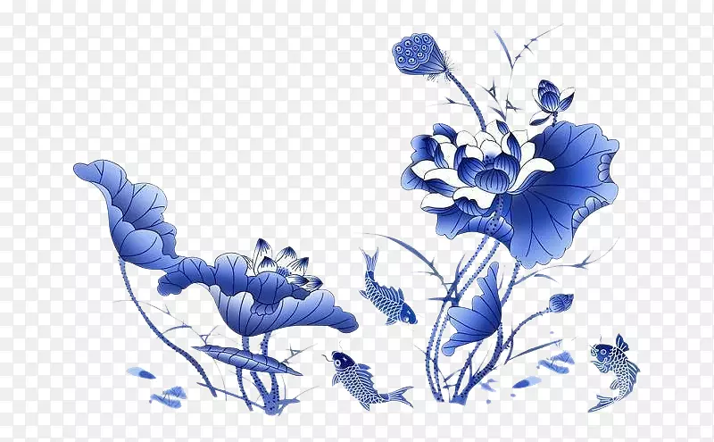 蓝色花卉荷花小鱼