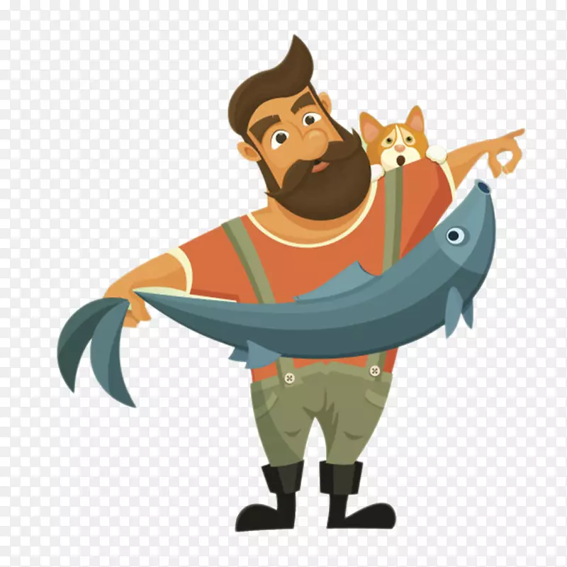 卡通手绘带小猫钓鱼