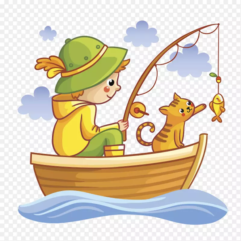 卡通手绘猫男孩船上钓鱼