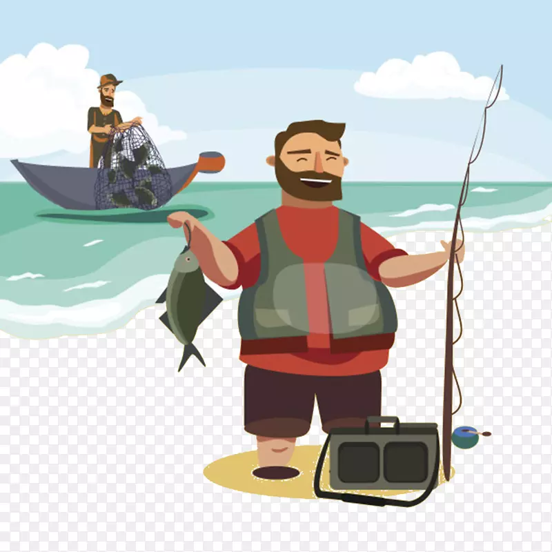 卡通手绘渔夫海上收鱼