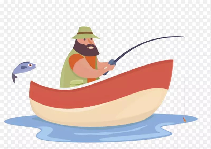 卡通手绘船上钓鱼渔夫