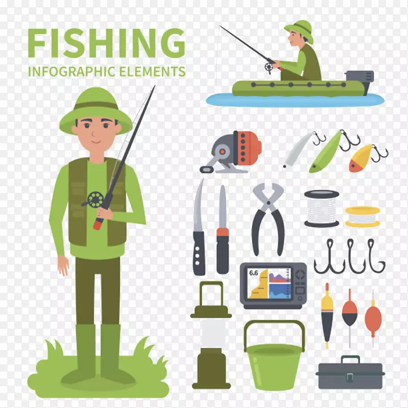 卡通手绘钓鱼工具渔夫