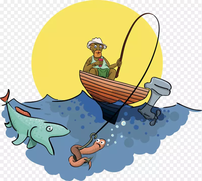 卡通手绘月亮深海渔夫