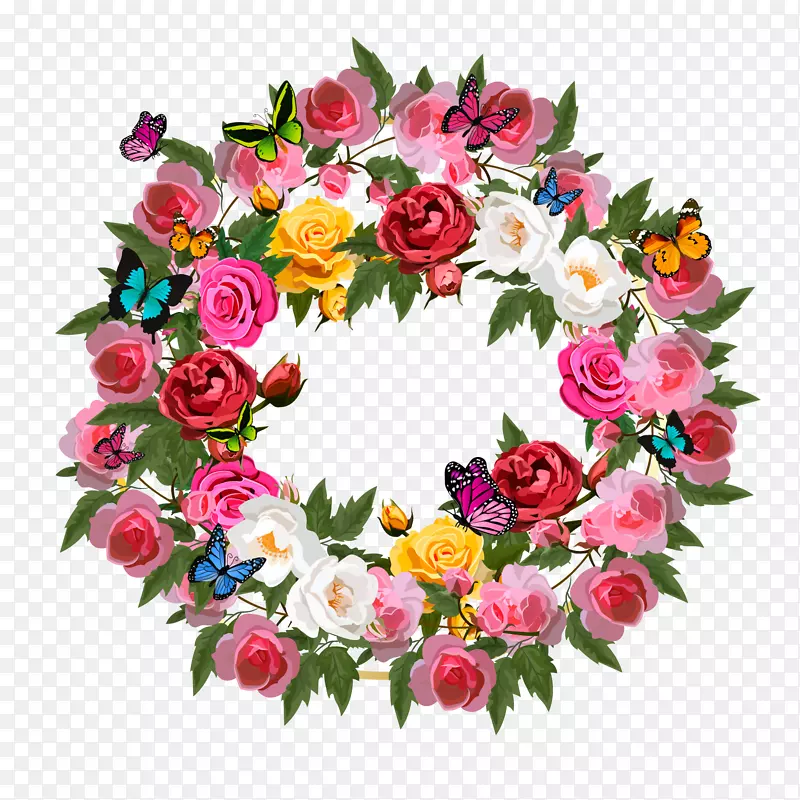 彩色玫瑰花花环和蝴蝶矢量素材