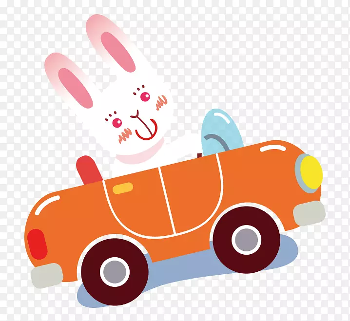卡通手绘橙色汽车兔子开车