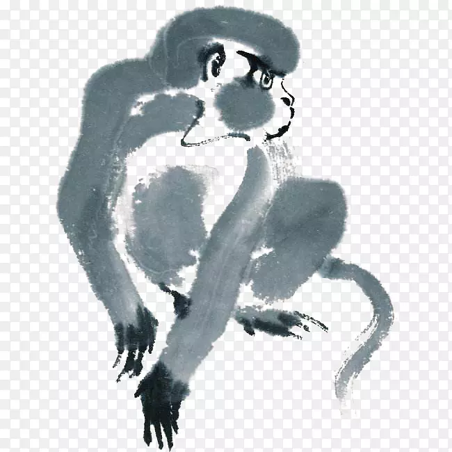 中国风水墨画猴子PNG