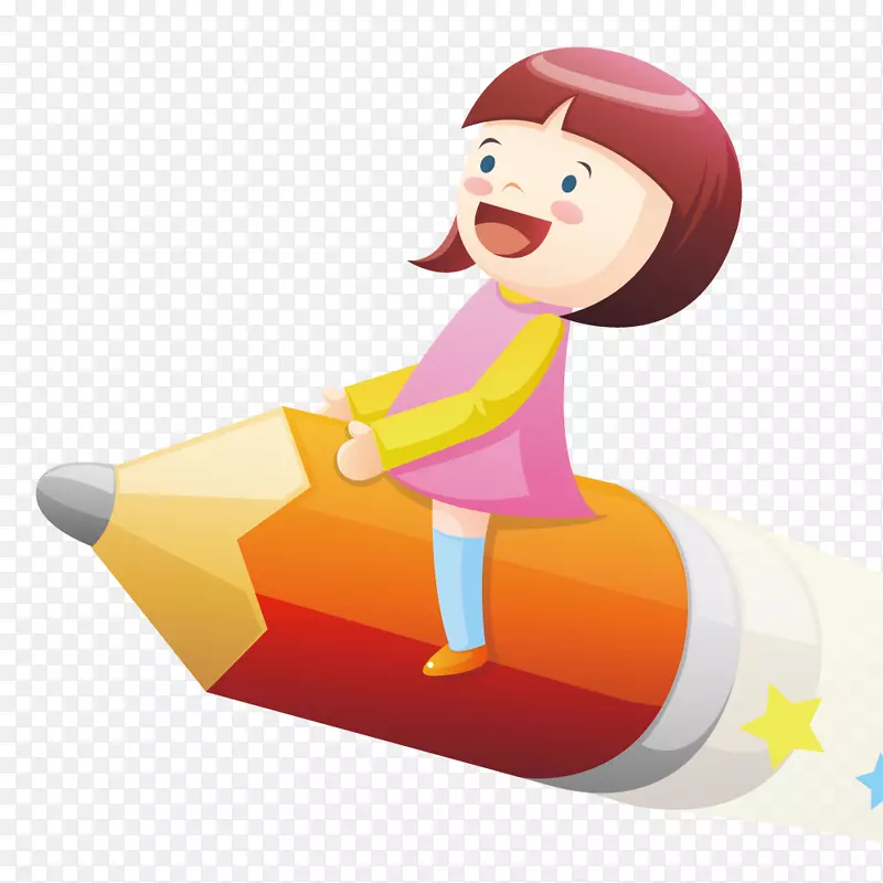 女孩坐着铅笔火箭