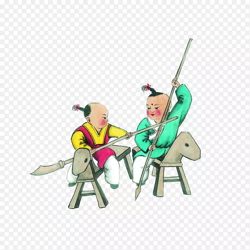 卡通骑着木马玩耍的古代小孩