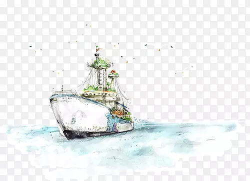 手绘水彩画海上轮船