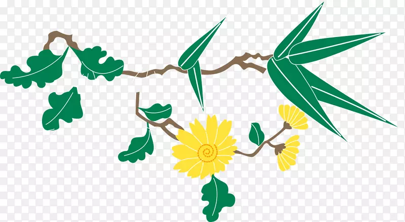 手绘矢量植物插图树枝叶与黄花