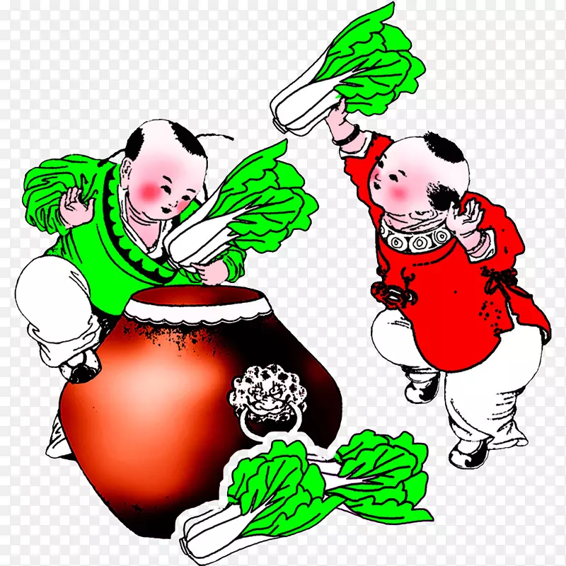 中国风插画三个小孩腌白菜
