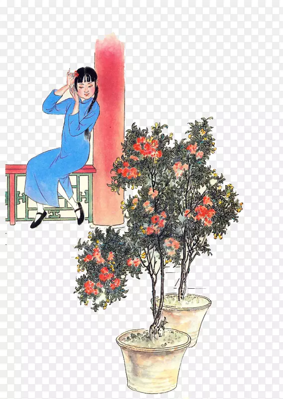 石榴树旁的女人卡通图片
