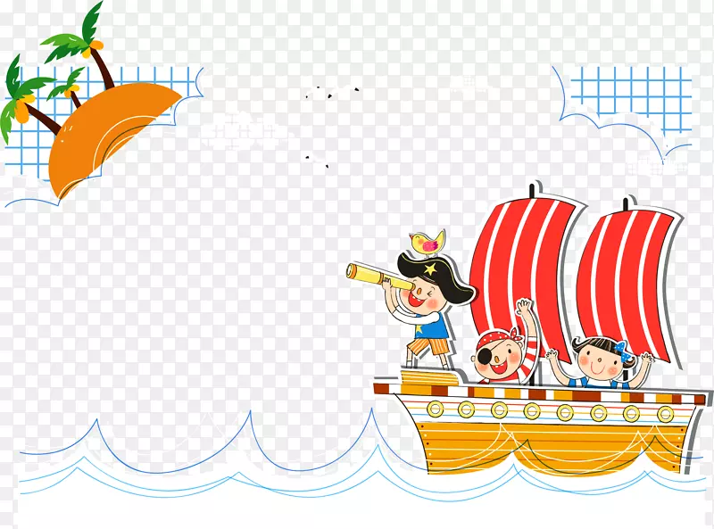 儿童海盗船河水卡通促销素材