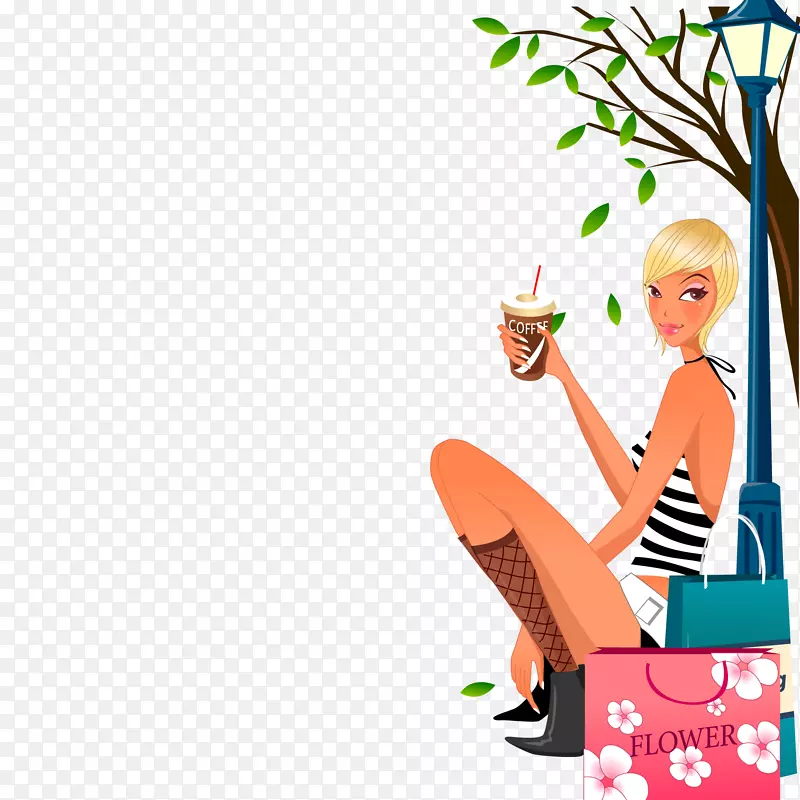卡通坐在树下喝咖啡的女人