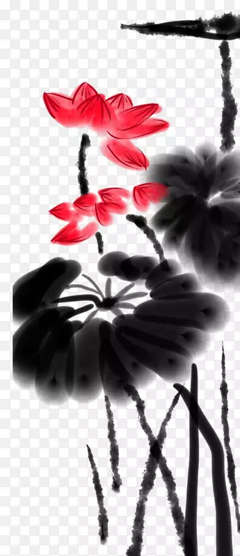 水墨中国画荷花睡莲与荷叶