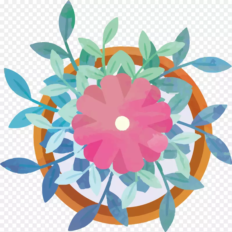 春季水彩花朵花盆