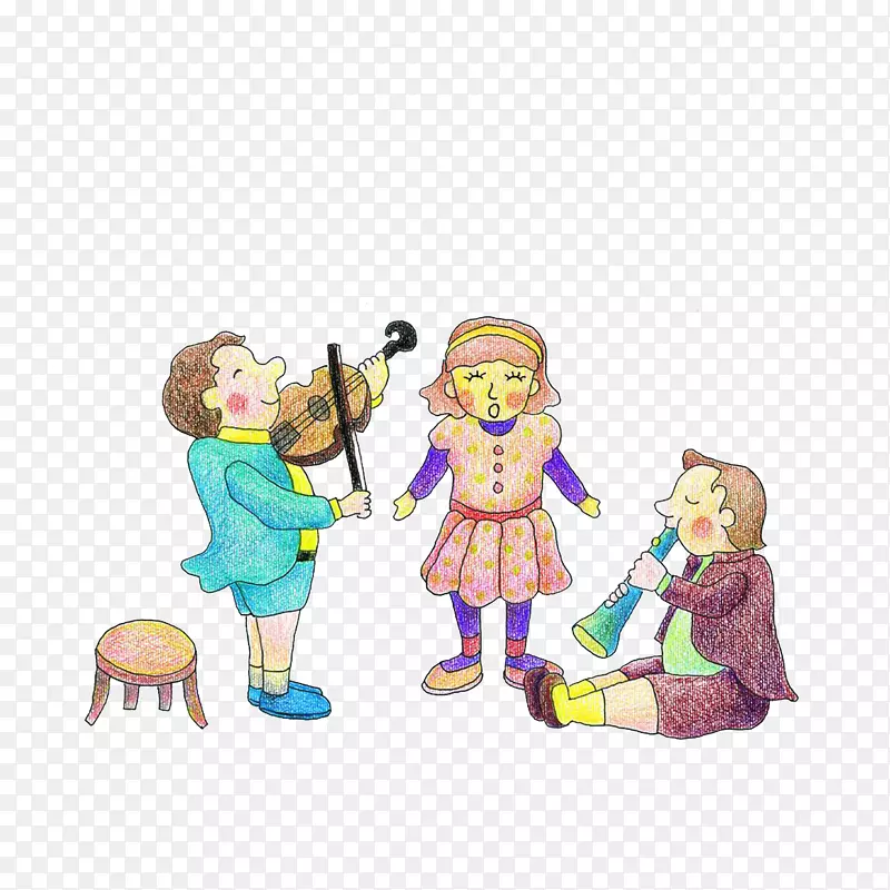 卡通唱歌的女孩演奏乐器的男孩素