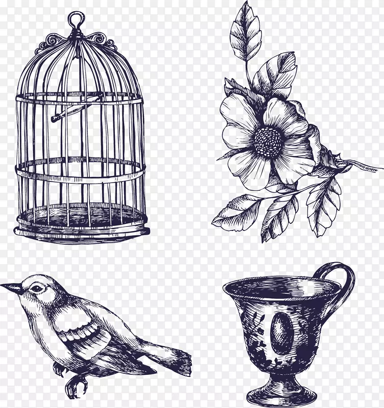 手绘花卉鸟笼和鸟水杯