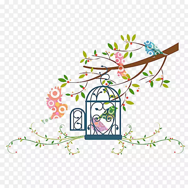 水彩鸟笼