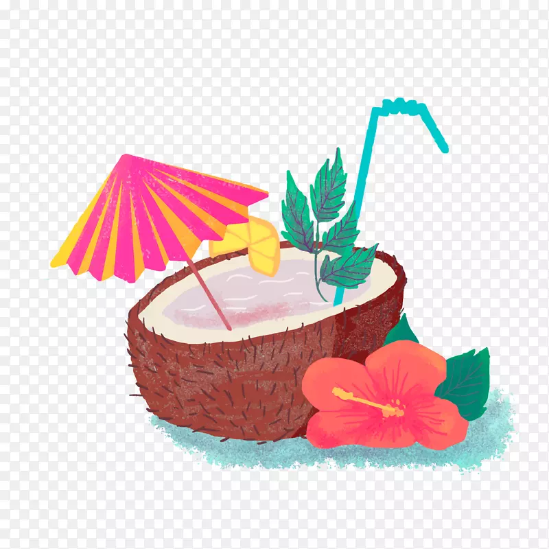水彩绘夏威夷椰汁和扶桑花矢量图