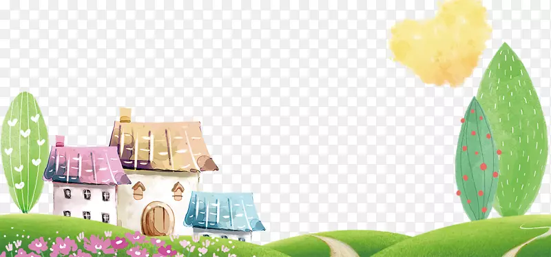 春季手绘植物与房子卡通边框