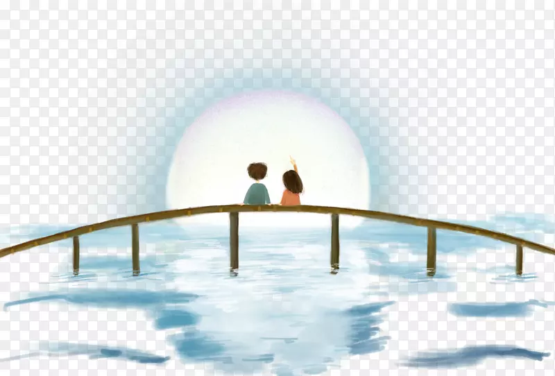 卡通手绘坐在桥上的情侣