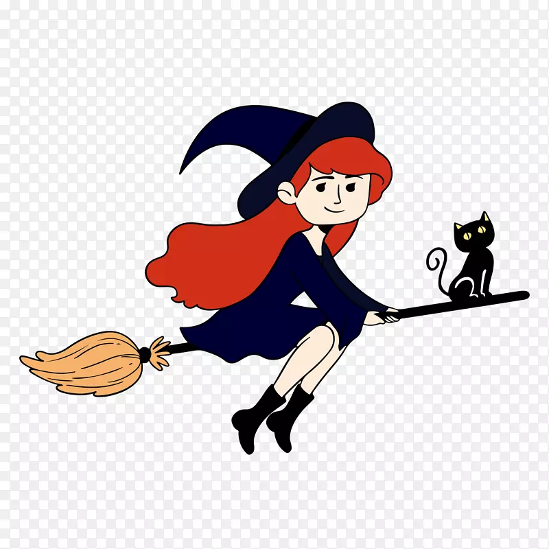 卡通可爱万圣节女巫扫帚黑猫