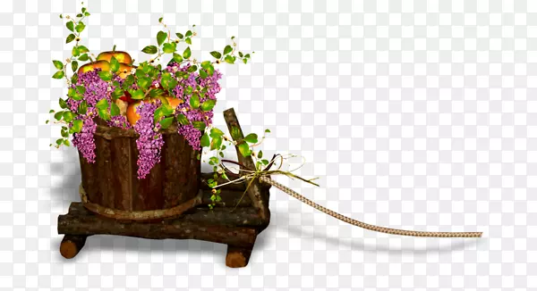 手绘木桶里的苹果与花朵