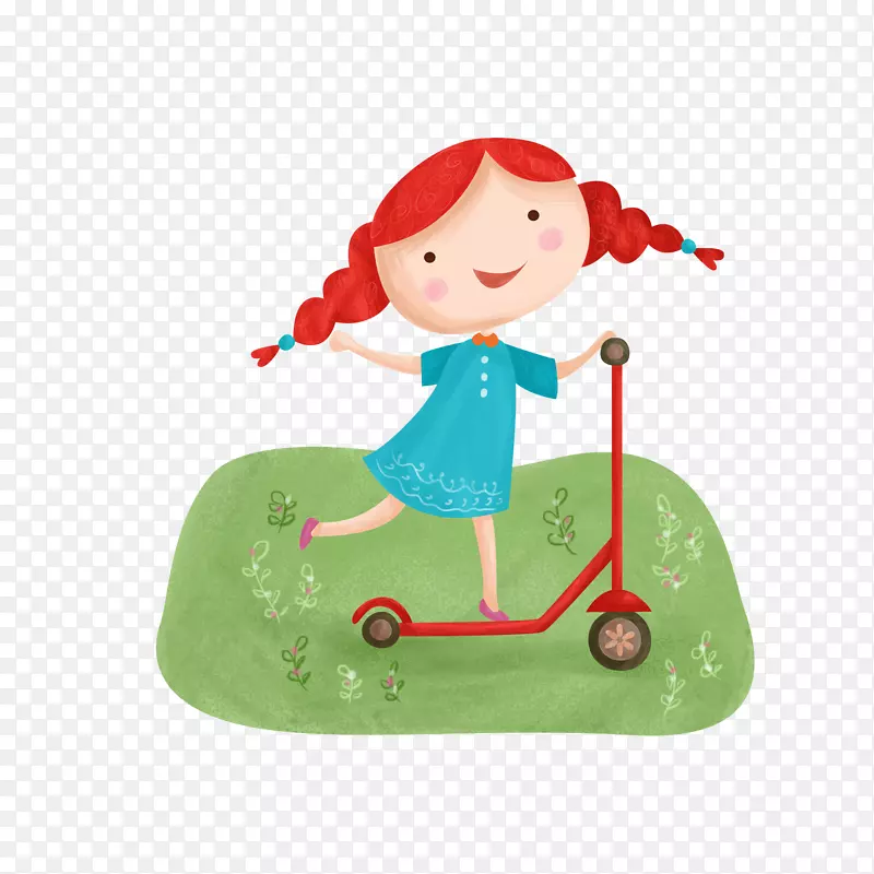 手绘卡通可爱小女孩骑滑板车
