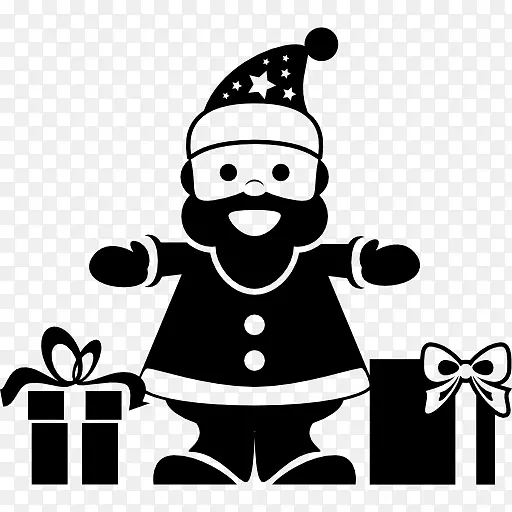 圣诞老人站在两个礼物在两侧图标