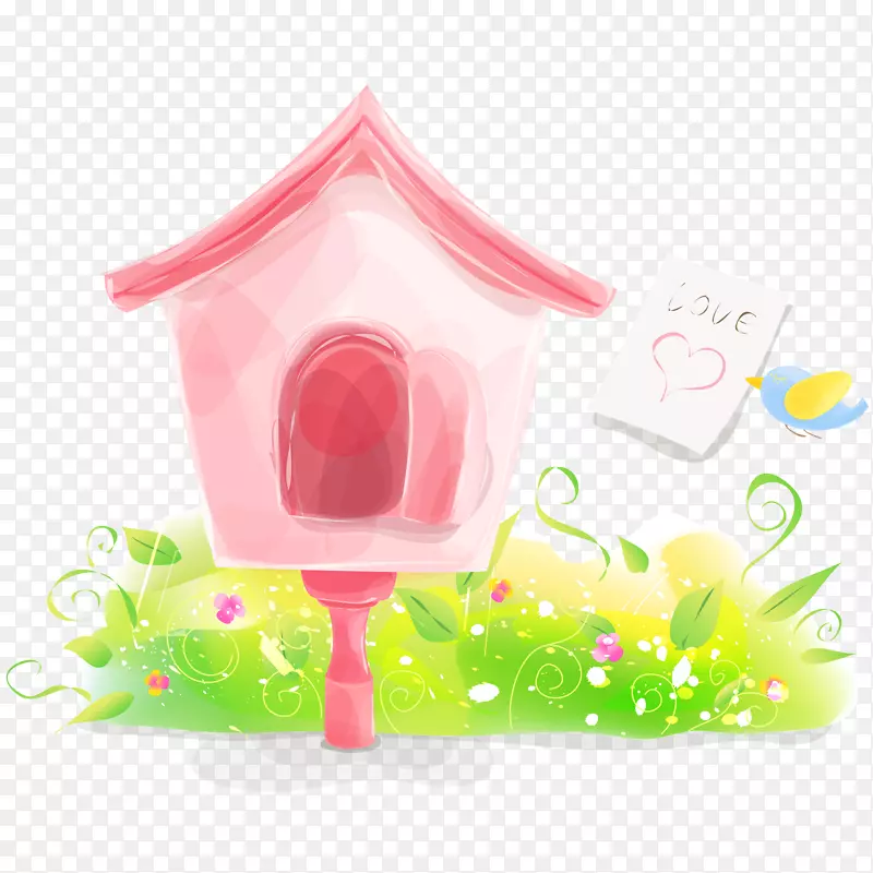 粉色房子与绿色植物