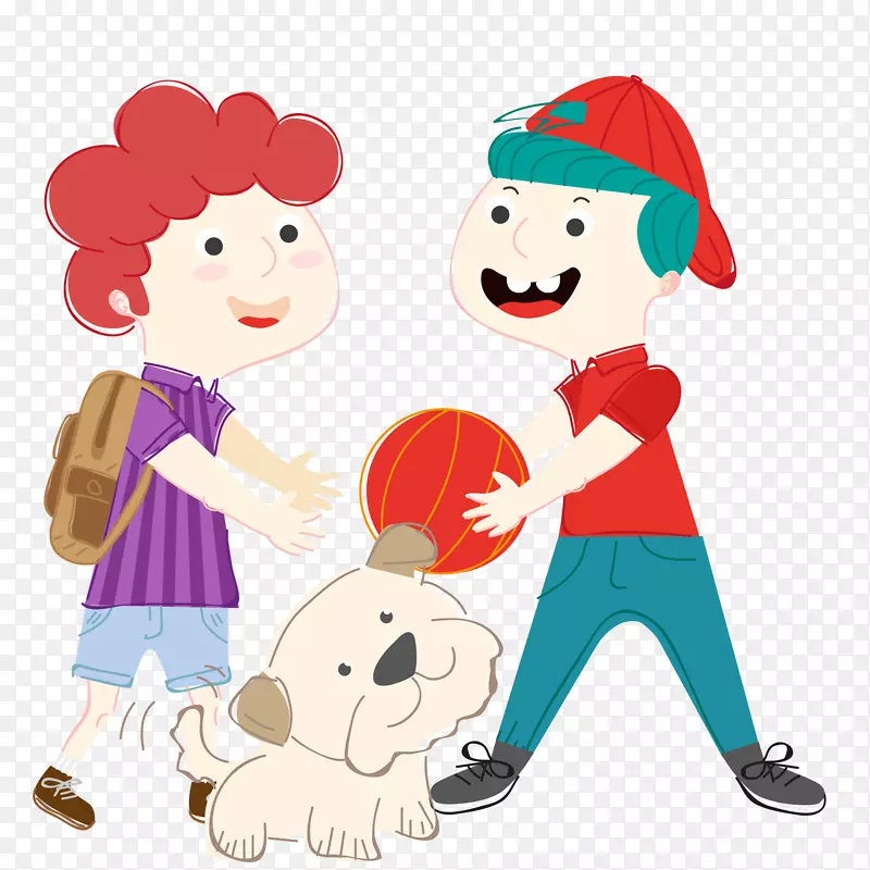 卡通手绘玩耍的小孩和小狗