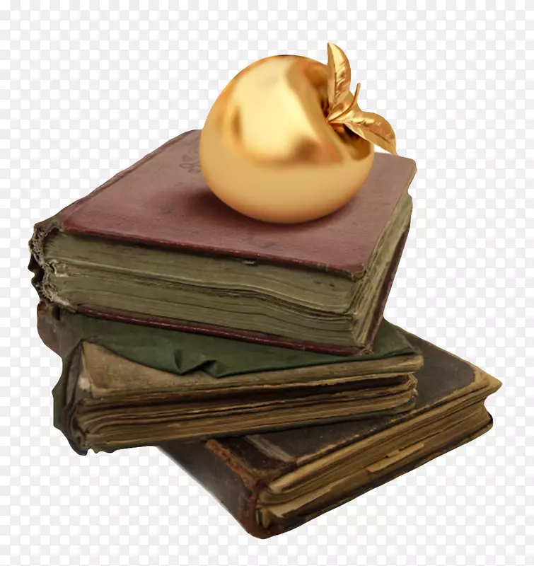 金色苹果压着堆起来的书实物
