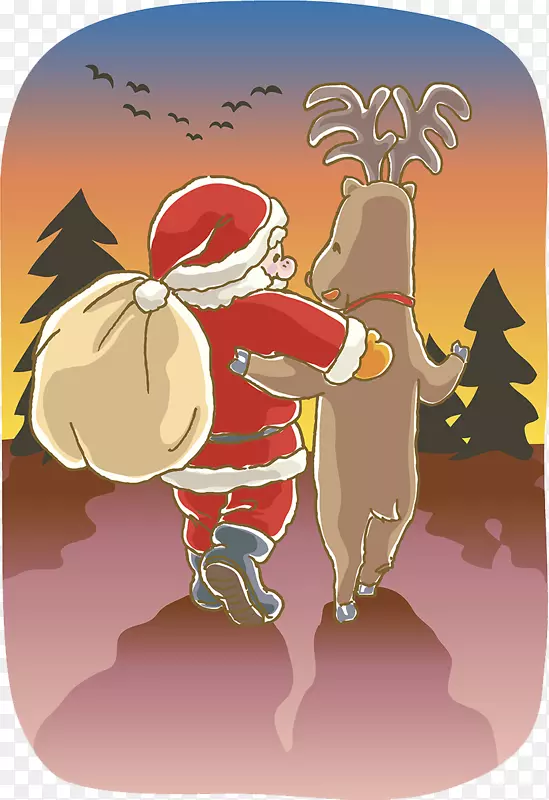 圣诞老人麋鹿卡通插画