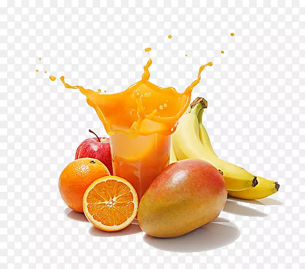 一堆水果与橙汁