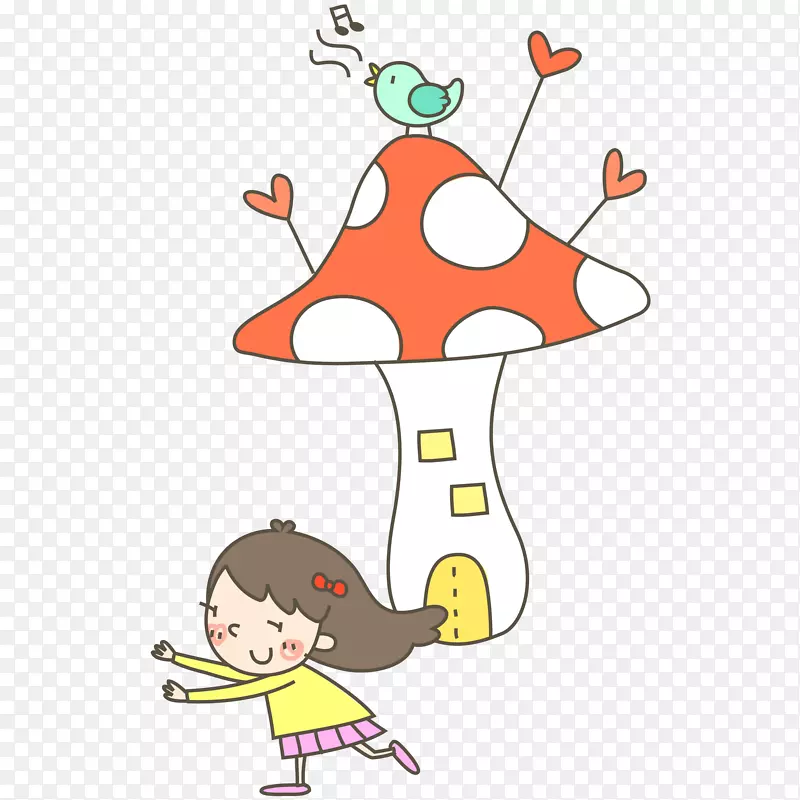 卡通手绘蘑菇房和小女孩