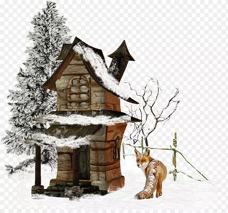 被雪覆盖的小房子和狐狸